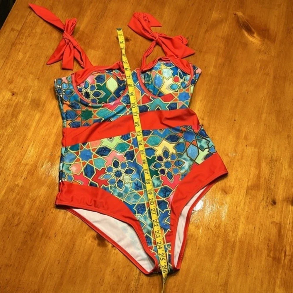 Boho Chic Geometric Mosaic Print Underwire One Piece Swimsuit and Wrap Skirt Set